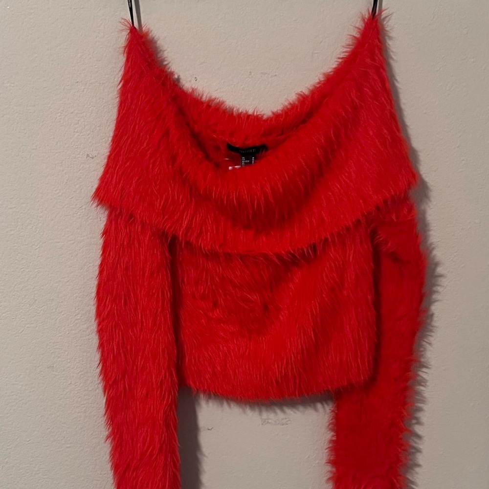 Red Off-Shoulder Fuzzy Sweater